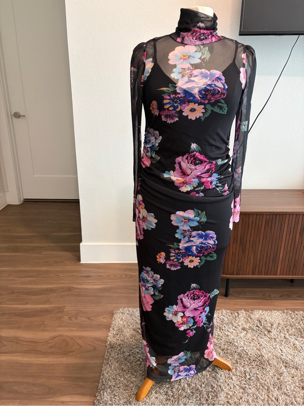 Motherhood Black Maxi Dress with Pink and Purple Floral Print